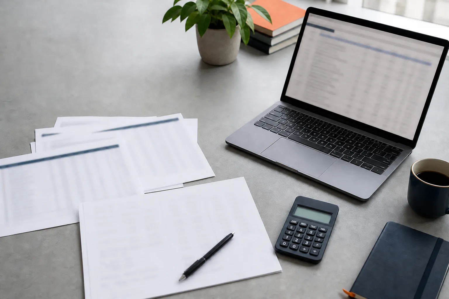 Broker records, a calculator and a laptop arranged for a UK share capital gains calculation